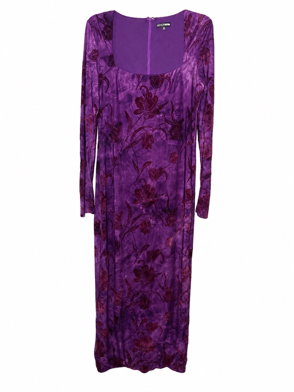 Fashion NovaPurple Floral Burnout Velvet Long-Sleeve Maxi Dress